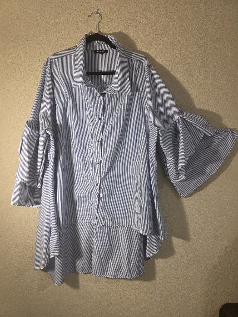 Light Blue Striped Ruffle-Sleeve Button-Up Top